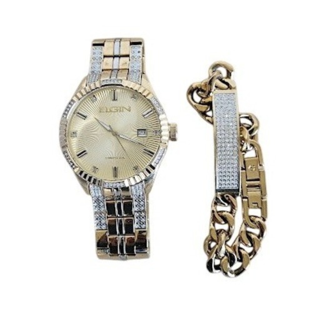 Elgin Men Gold Tone Crystal Watch and Bracelet Set Stainless Steel Analog